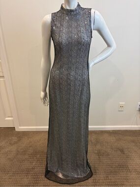 VINTAGE REGGIO Black Mesh Fishnet Silver Sparkly High Neck Maxi Dress Gown